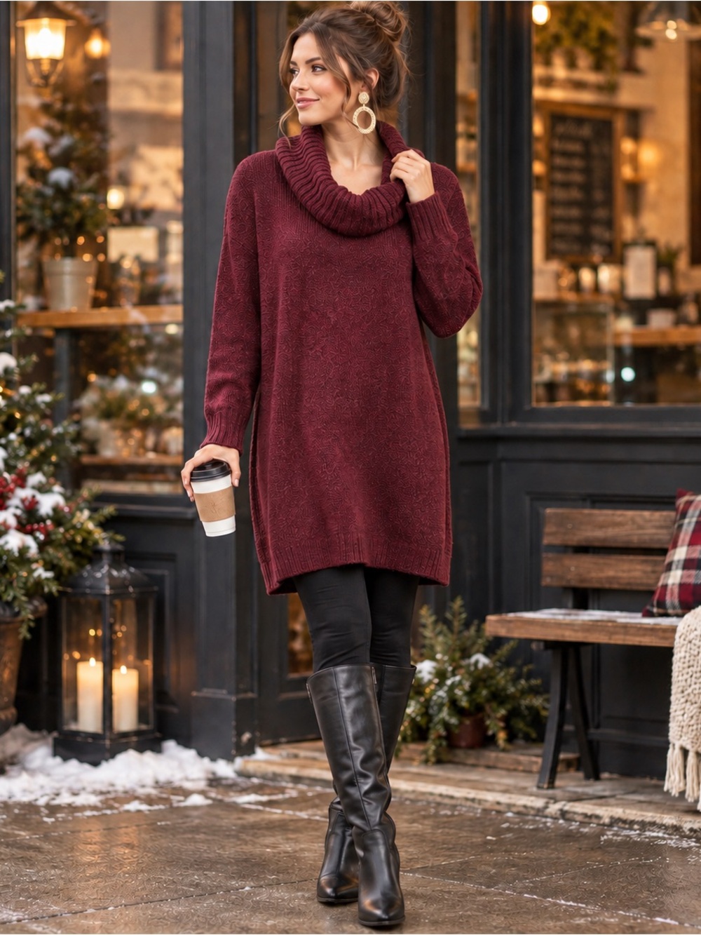 Karen Scott Burgundy Cowl Neck Sweater Tunic Dress XXL 2X Cozy Soft Knit